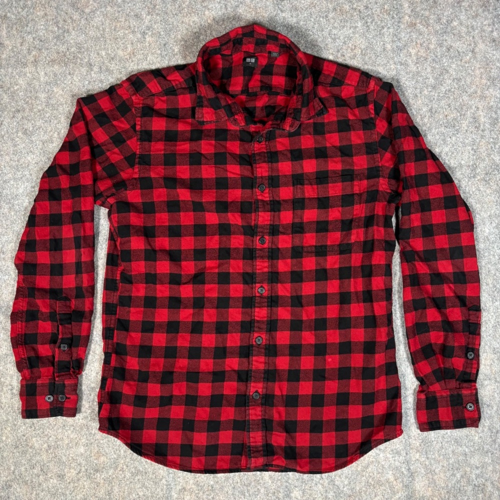 Uniqlo Flannel Shirt Mens M Red Black Buffalo Plaid Grunge Long Sleeve Checkered